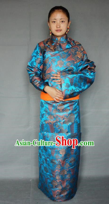 Chinese Zang Nationality Blue Tibetan Robe, China Traditional Tibetan Ethnic Heishui Dance Costume for Women