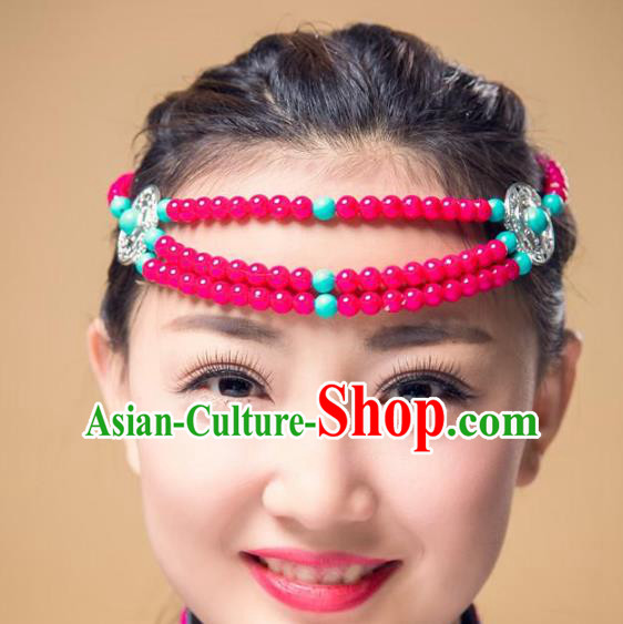 Traditional Chinese Mongol Nationality Hair Accessories, Mongolian Minority Rosy Beads Headwear for Women