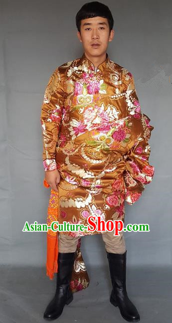 Chinese Traditional Zang Nationality Wedding Golden Tibetan Robe, China Tibetan Ethnic Heishui Dance Costume for Men