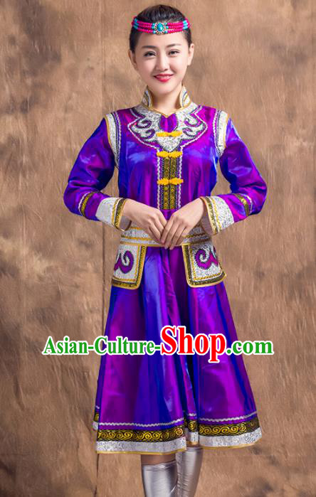 Traditional Chinese Mongol Nationality Costume, Mongolian Female Folk Dance Purple Dress Clothing for Women