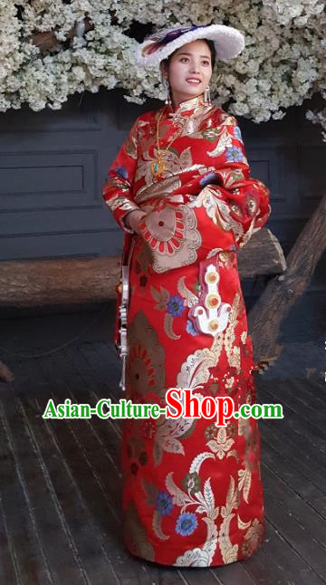 Chinese Zang Nationality Wedding Tibetan Robe, China Traditional Tibetan Ethnic Heishui Dance Costume for Women