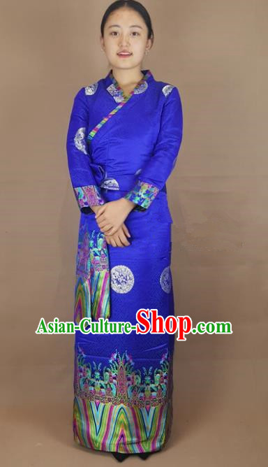 Chinese Zang Nationality Blue Brocade Dress, China Traditional Tibetan Ethnic Heishui Dance Costume for Women