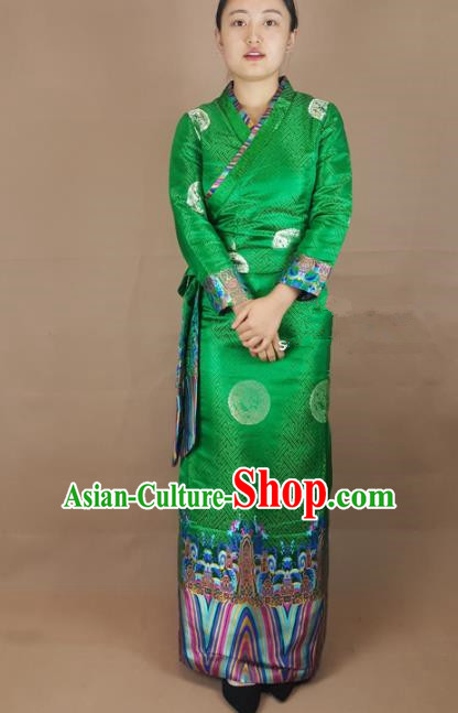 Chinese Zang Nationality Green Brocade Dress, China Traditional Tibetan Ethnic Heishui Dance Costume for Women