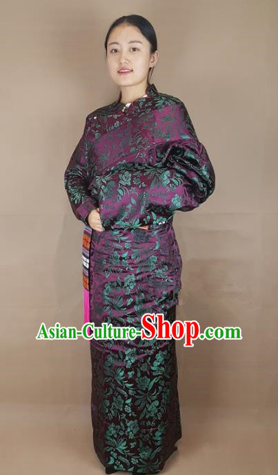 Chinese Zang Nationality Deep Purple Brocade Tibetan Robe, China Traditional Tibetan Ethnic Costume for Women