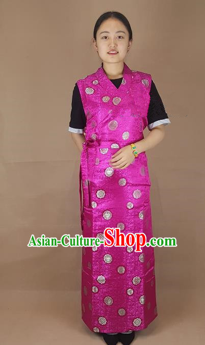 Chinese Zang Nationality Folk Dance Rosy Brocade Dress, China Traditional Tibetan Ethnic Costume for Women