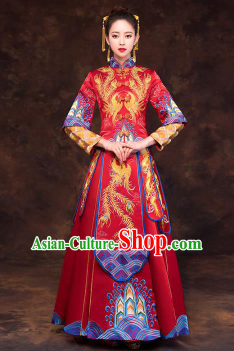 Chinese Ancient Wedding Costume Traditional Xiuhe Suit Bride Embroidered Phoenix Red Full Dress for Women
