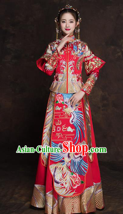 Chinese Traditional Wedding Costume Ancient Bride Embroidered Xiuhe Suit Red Full Dress for Women