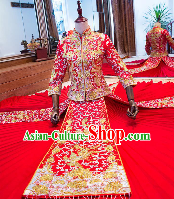 Chinese Traditional Wedding Toast Costume Ancient Bride Embroidered Xiuhe Suit Red Full Dress for Women