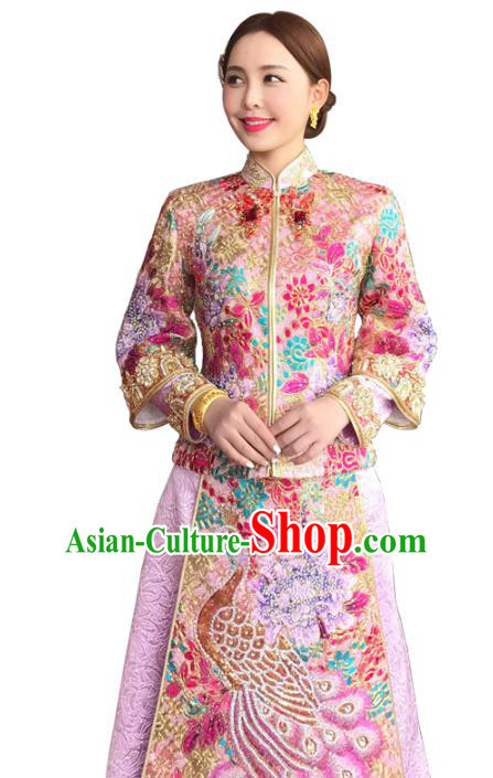 Chinese Traditional Wedding Toast Costume Ancient Bride Embroidered Beads Xiuhe Suit Full Dress for Women