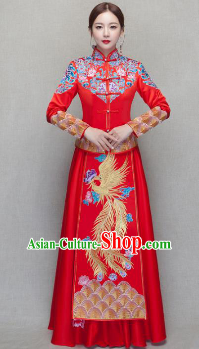Chinese Traditional Wedding Bottom Drawer Ancient Bride Costume Embroidered Phoenix Xiuhe Suit Full Dress for Women