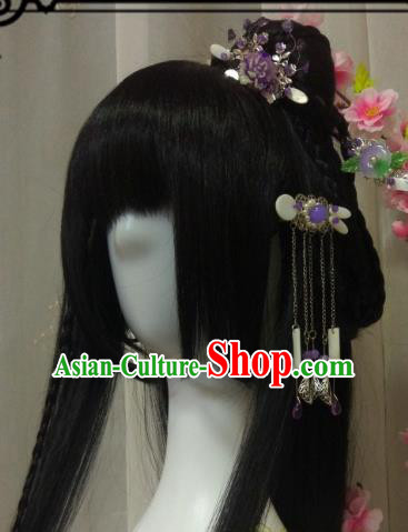 Chinese Traditional Handmade Princess Wig and Hair Accessories Ancient Hairpins Complete Set for Women