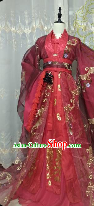 Chinese Ancient Princess Red Costume Cosplay Swordswoman Clothing Han Dynasty Imperial Concubine Hanfu Dress for Women