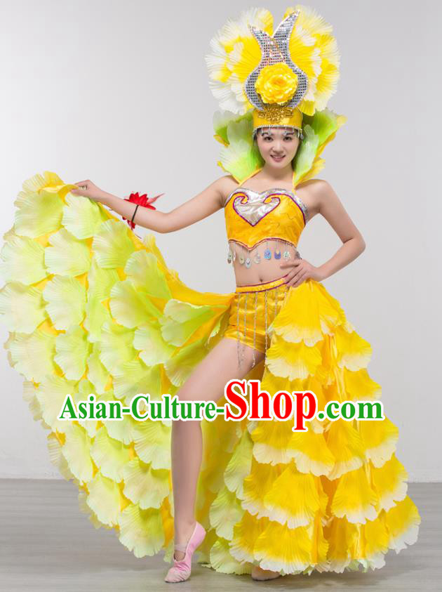 Top Grade Stage Show Costume Chorus Modern Dance Spanish Dance Yellow Dress and Headpiece for Women
