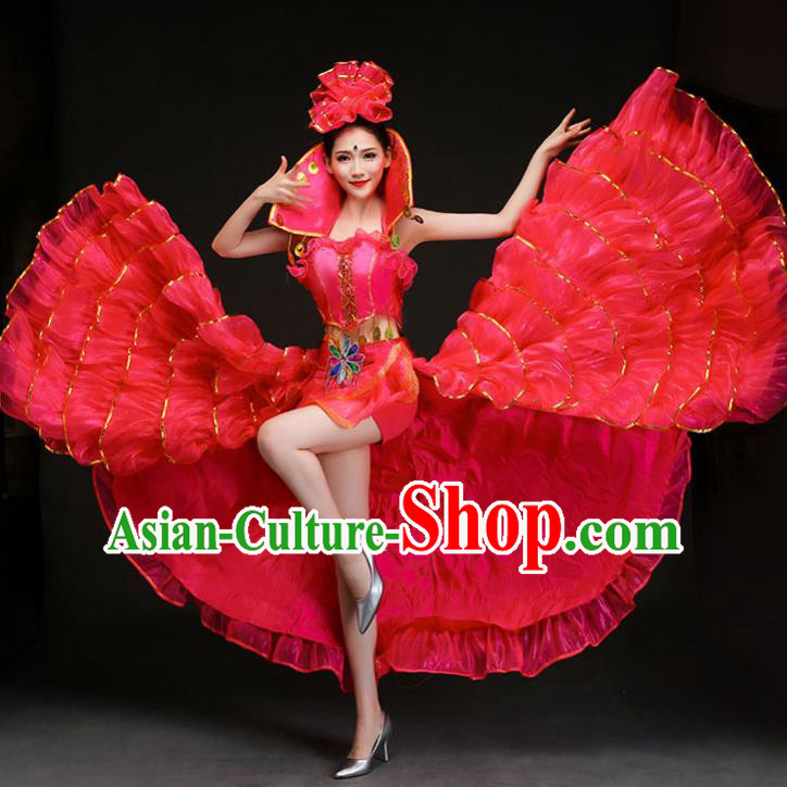 Top Grade Stage Show Costume Chorus Opening Modern Dance Spanish Dance Rosy Dress and Headpiece for Women