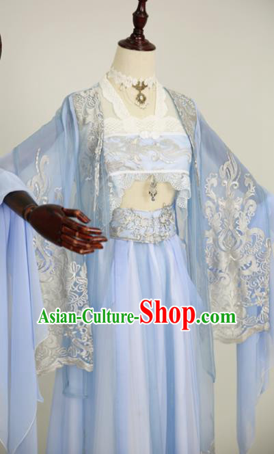 Chinese Ancient Cosplay Fairy Costume Han Dynasty Princess Embroidered Blue Hanfu Dress for Women