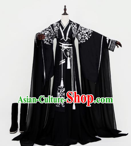 Chinese Ancient Emperor Black Costume Cosplay Nobility Childe Swordsman Embroidered Clothing for Men
