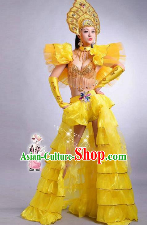 Top Grade Stage Performance Modern Dance Costume Opening Dance Yellow Clothing and Headpiece for Women