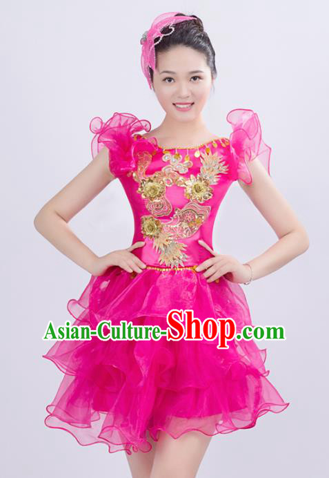 Top Grade Stage Performance Costume Chorus Singing Group Opening Modern Dance Rosy Bubble Dress for Women