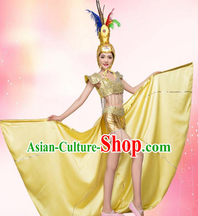 Top Grade Stage Performance Jazz Dance Costume Chorus Modern Dance Golden Clothing and Headpiece for Women