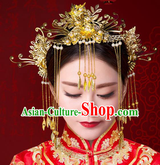 Chinese Traditional Xiuhe Suit Hair Accessories Handmade Bride Phoenix Coronet Ancient Hairpins Complete Set for Women