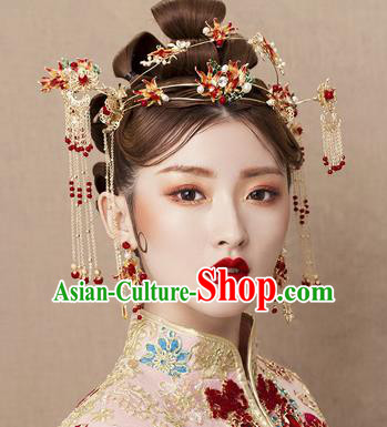 Chinese Traditional Xiuhe Suit Hair Accessories Red Tassel Hair Clasp Ancient Hairpins Complete Set for Women