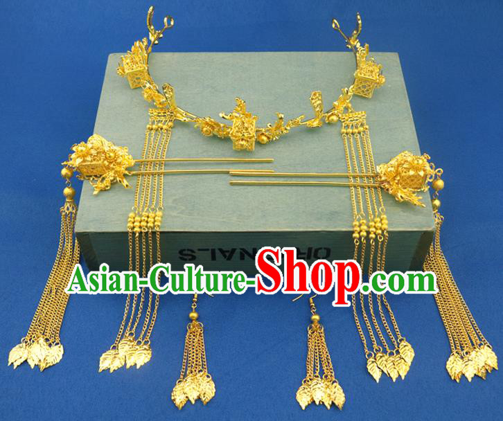 Chinese Traditional Xiuhe Suit Hair Accessories Golden Hair Clasp Ancient Bride Tassel Hairpins for Women