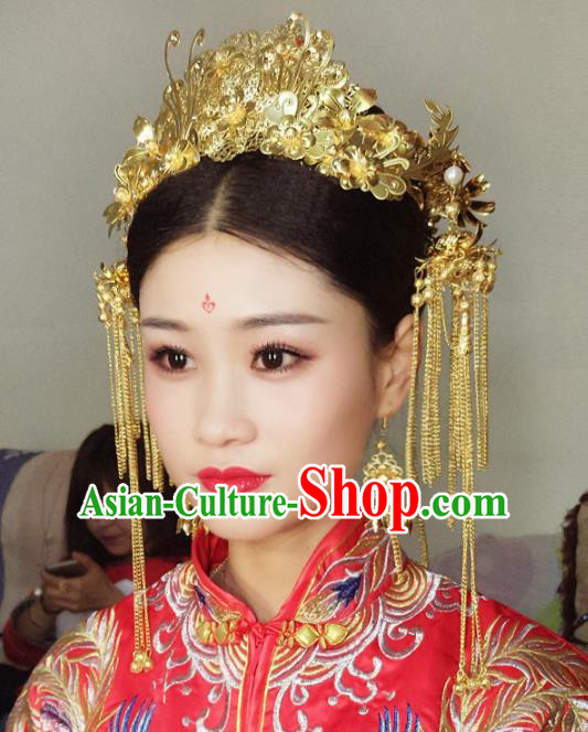 Chinese Traditional Hair Accessories Complete Set Ancient Xiuhe Suit Golden Phoenix Coronet Hairpins for Women