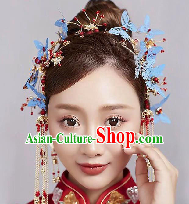 Chinese Traditional Handmade Hair Accessories Ancient Blue Butterfly Phoenix Coronet Hairpins Complete Set for Women