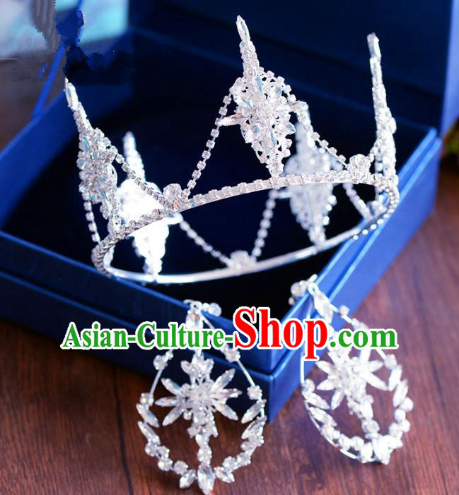 Handmade Baroque Hair Jewelry Accessories Royal Crown Princess Crystal Round Imperial Crown and Earrings for Women