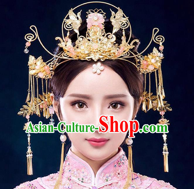 Chinese Ancient Handmade Xiuhe Suit Phoenix Coronet Traditional Tassel Hairpins Hair Accessories for Women