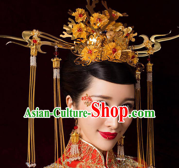 Chinese Ancient Handmade Bride Golden Phoenix Coronet Traditional Xiuhe Suit Hairpins Hair Accessories for Women