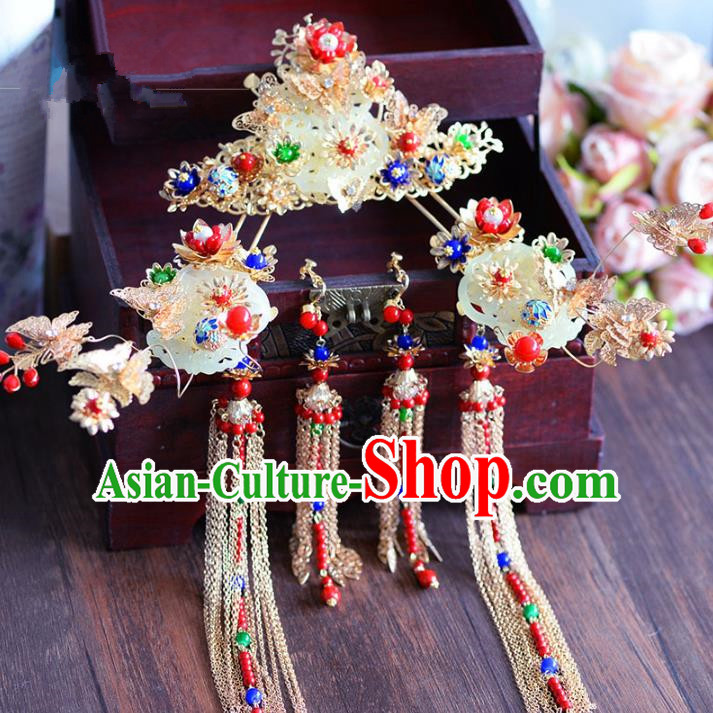 Chinese Ancient Handmade Palace Jade Phoenix Coronet Tassel Step Shake Hair Accessories Traditional Hairpins for Women