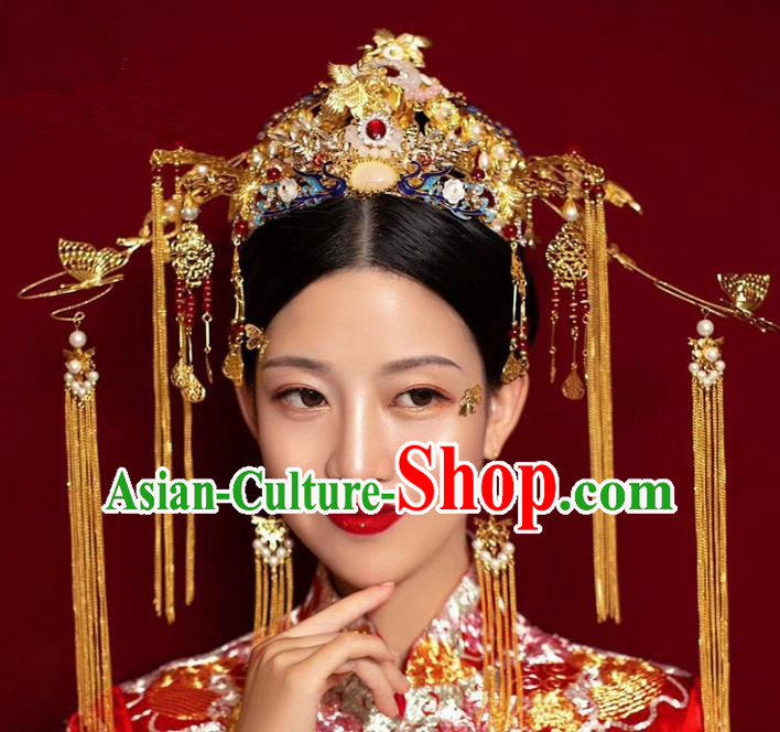 Ancient Chinese Handmade Hair Accessories Xiuhe Suit Bride Phoenix Coronet Hairpins Complete Set for Women