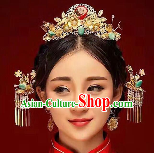 Ancient Chinese Handmade Classical Hair Accessories Hairpins Phoenix Coronet Tassel Step Shake Complete Set for Women