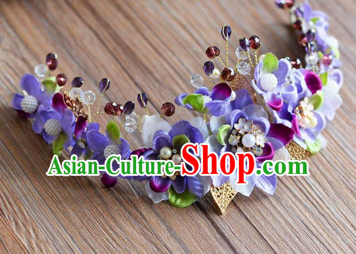 Top Grade Handmade Hair Accessories Baroque Purple Flowers Garland Royal Crown Headwear for Women
