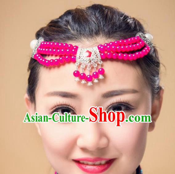 Traditional Chinese Mongol Nationality Dance Hair Accessories, Mongolian Minority Rosy Beads Tassel Headwear for Women