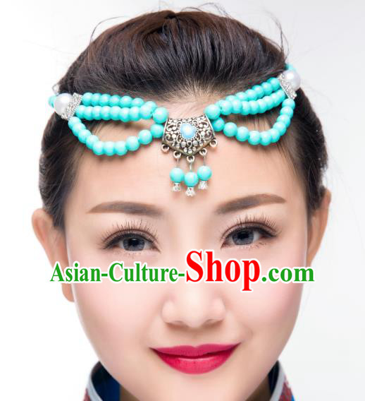 Traditional Chinese Mongol Nationality Dance Hair Accessories, Mongolian Minority Blue Beads Tassel Headwear for Women