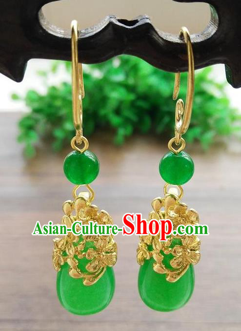 Top Grade Chinese Handmade Wedding Accessories Hanfu Palace Jade Brass Earrings for Women