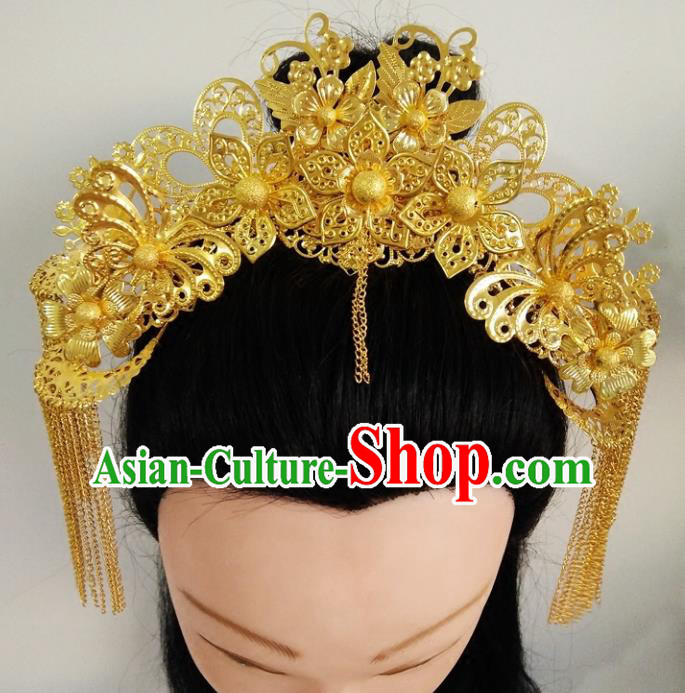 Ancient Chinese Handmade Golden Phoenix Coronet Hair Accessories Classical Tassel Hairpins for Women