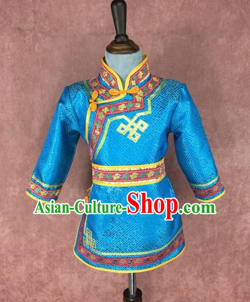 Traditional Chinese Mongol Nationality Costume Children Blue Mongolian Robe, Mongolian Folk Dance Clothing for Kids