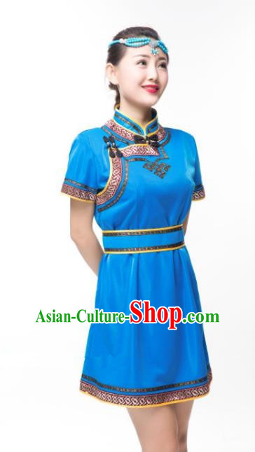 Traditional Chinese Mongol Nationality Costume Blue Dress, Mongolian Folk Dance Clothing for Women