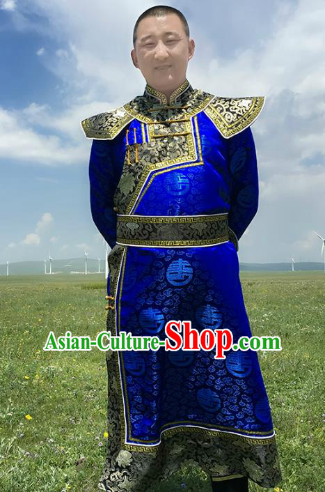 Chinese Mongol Nationality Royal Highness Costume, Traditional Mongolian Folk Dance Clothing Royalblue Mongolian Robe for Men