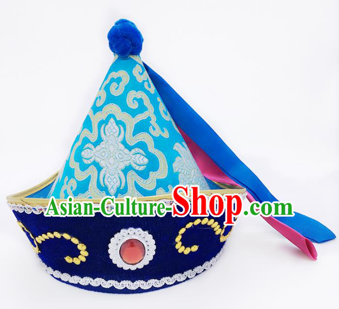 Traditional Chinese Mongol Nationality Hat Hair Accessories, Handmade Mongolian Minority Blue Hats Headwear for Kids