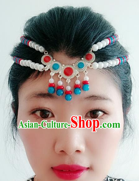 Traditional Chinese Mongol Nationality Beads Hair Accessories, Mongolian Minority Dance Headwear for Women