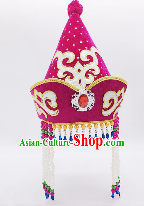 Traditional Chinese Mongol Nationality Purple Hats, Mongolian Minority Hair Accessories Dance Headwear for Kids