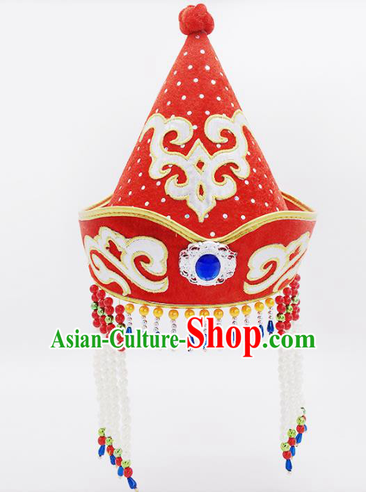 Traditional Chinese Mongol Nationality Red Hats, Mongolian Minority Hair Accessories Dance Headwear for Kids