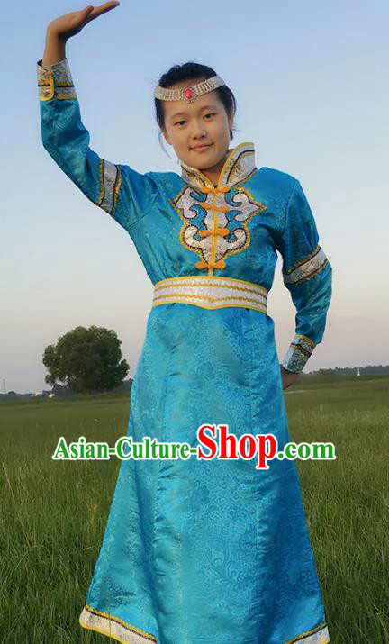 Chinese Mongol Nationality Ethnic Costume, Traditional Mongolian Folk Dance Clothing Blue Mongolian Robe for Women