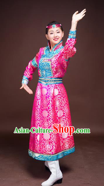 Chinese Mongol Nationality Ethnic Dance Costume, Traditional Mongolian Folk Dance Clothing Rosy Mongolian Robe for Women
