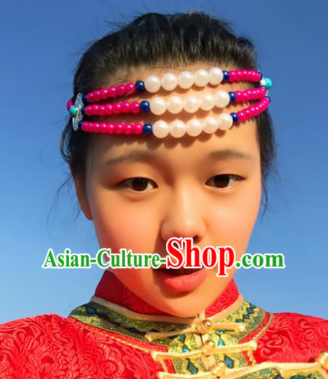 Traditional Chinese Folk Dance Hair Accessories, Mongolian Minority Pink Beads Hair Jewelry Dance Headwear for Women