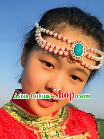 Traditional Chinese Folk Dance Hair Accessories, Mongolian Minority White Pearls Hair Jewelry Dance Headwear for Women
